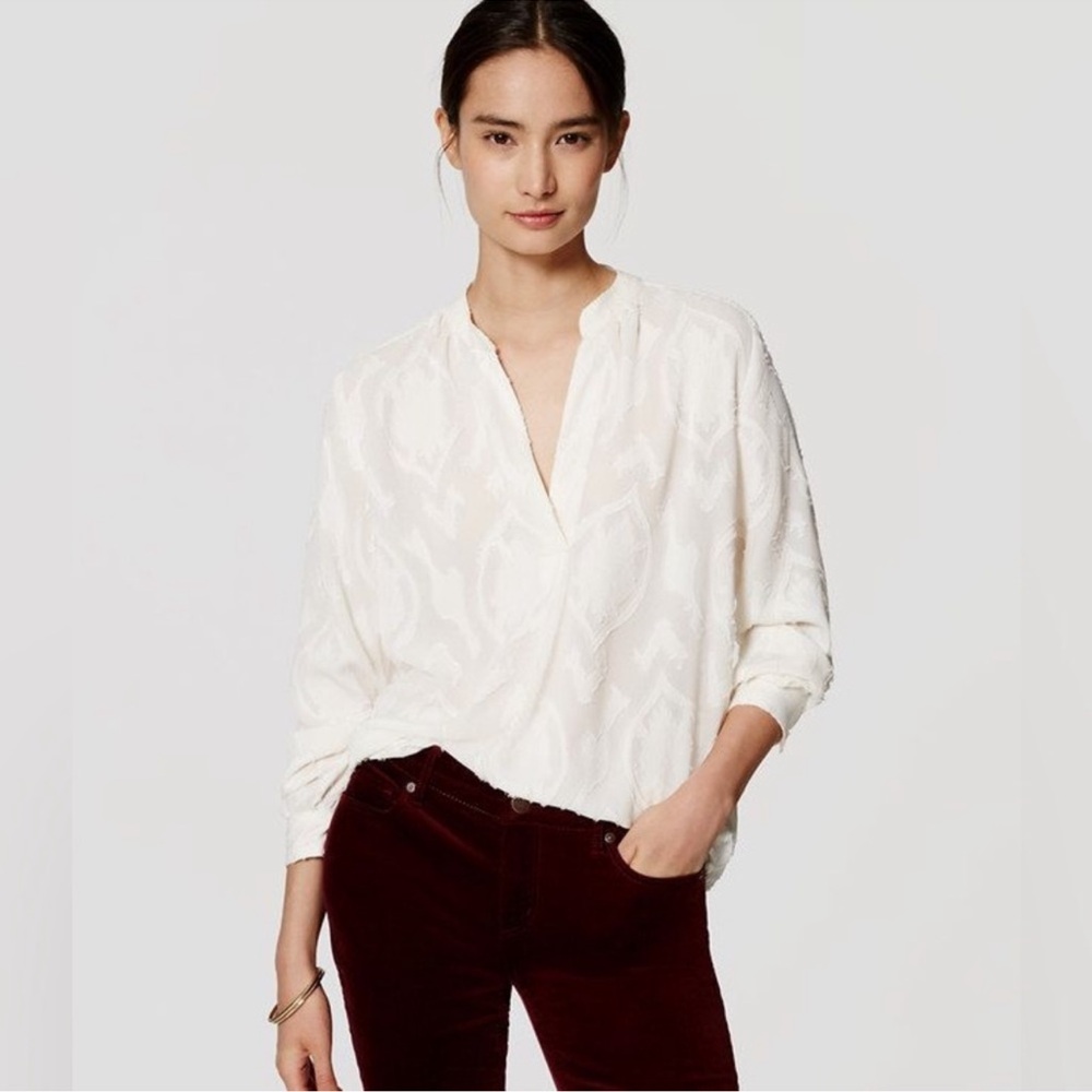 Loft Blossom Jacquard Split Neck Blouse Size M